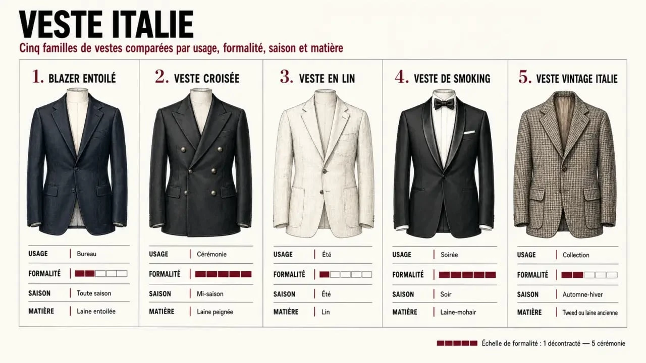 Infographie comparative sur veste Italie avec les principaux types de vestes et leurs usages