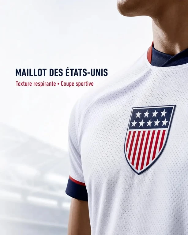 Maillot usa de l’équipe des États-Unis en gros plan avec écusson, tissu respirant et couleurs rouge blanc bleu