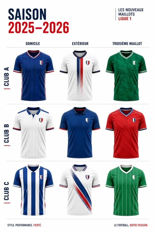 Maillot ligue 1 : composition éditoriale de maillots domicile, extérieur et troisième maillot
