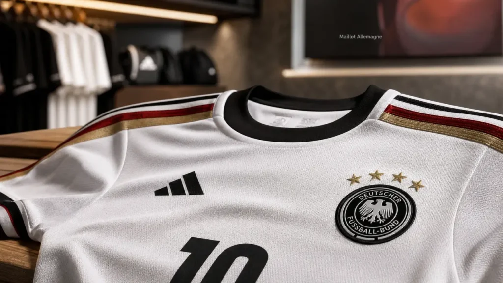 maillot allemagne domicile blanc, gros plan tissu et détails brodés