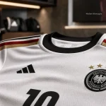 maillot allemagne domicile blanc, gros plan tissu et détails brodés