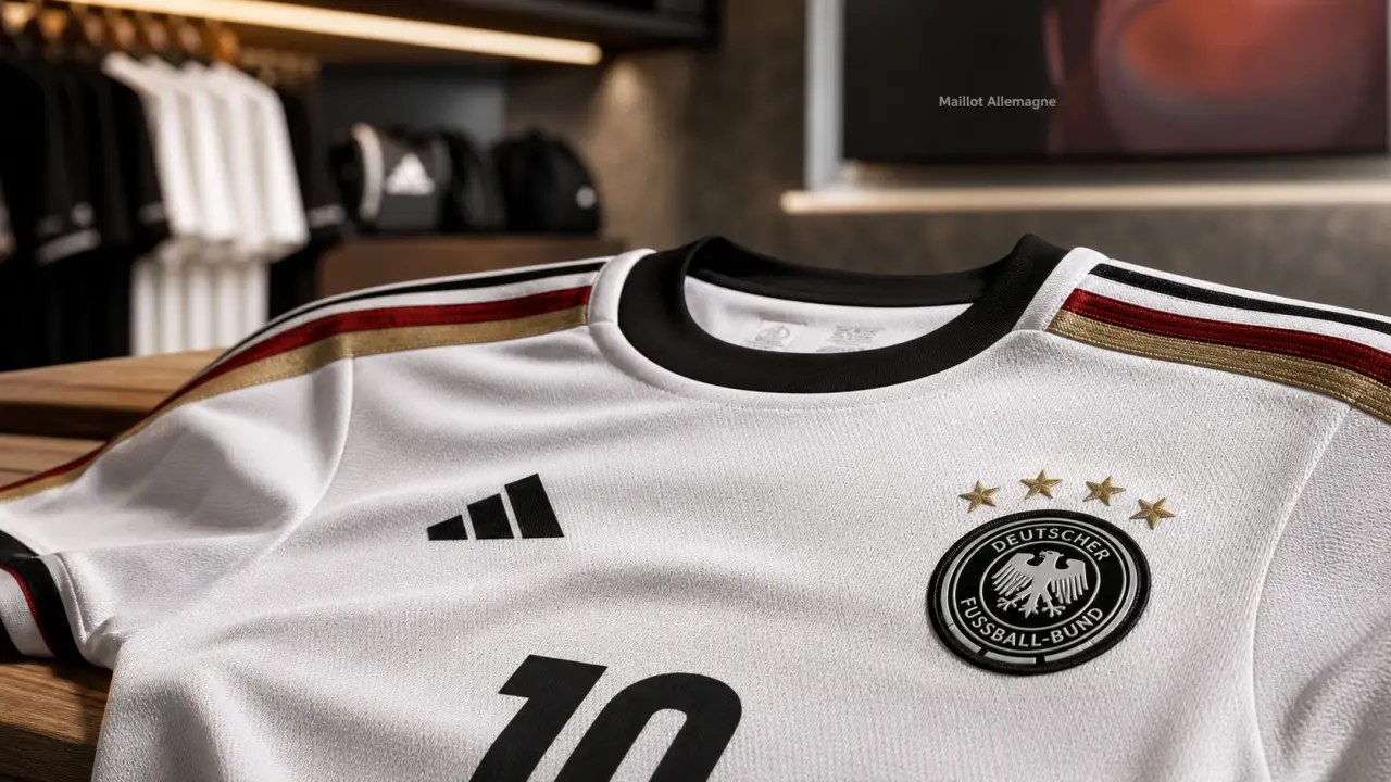 maillot allemagne domicile blanc, gros plan tissu et détails brodés