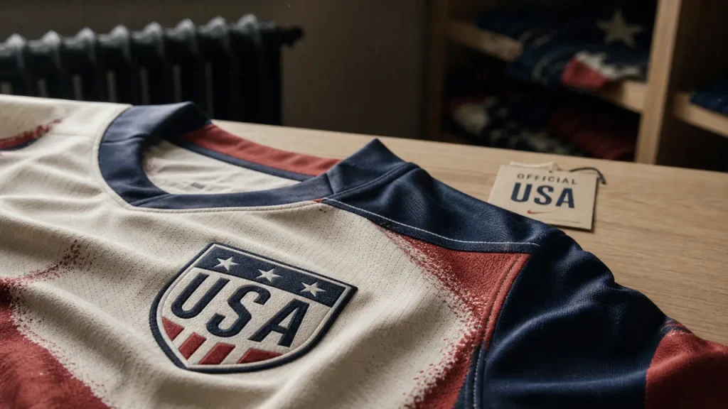 Maillot usa officiel rouge blanc bleu en studio, écusson net