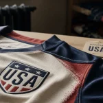 Maillot usa officiel rouge blanc bleu en studio, écusson net
