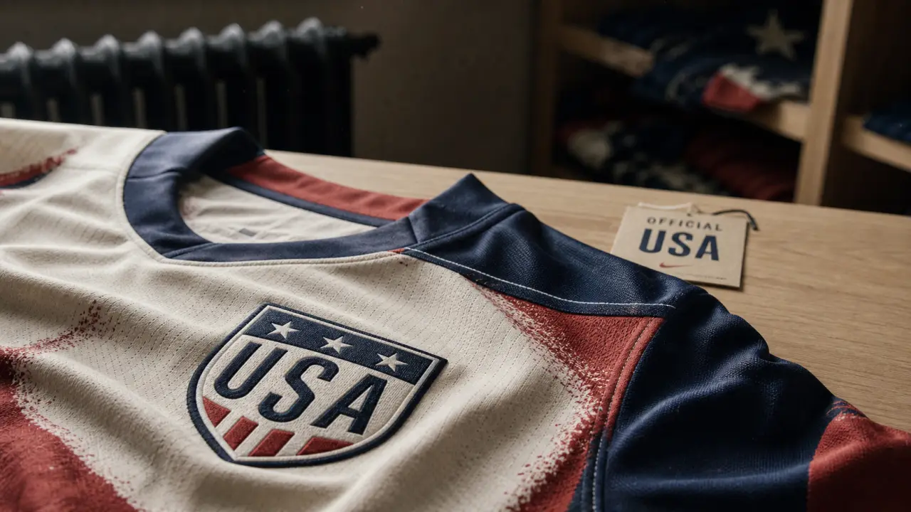 Maillot usa officiel rouge blanc bleu en studio, écusson net