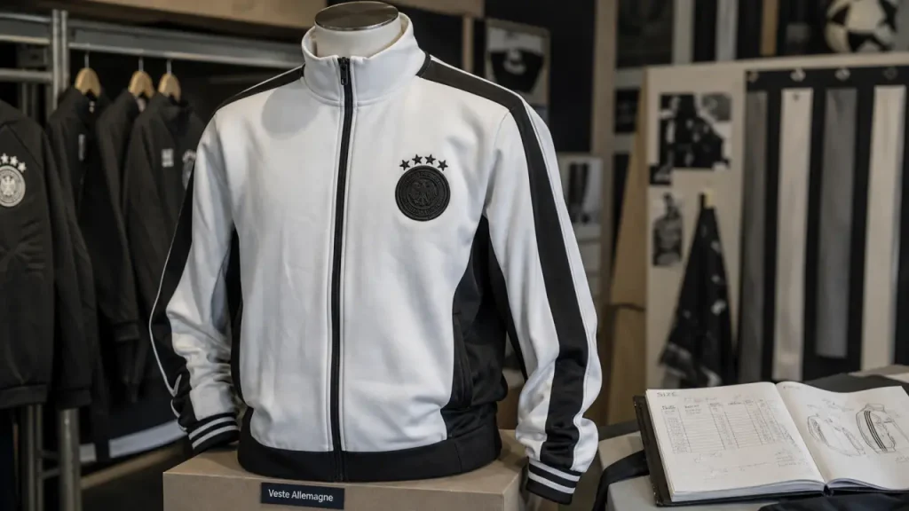 Veste allemagne noire et blanche en showroom, zip visible