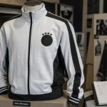 Veste allemagne noire et blanche en showroom, zip visible