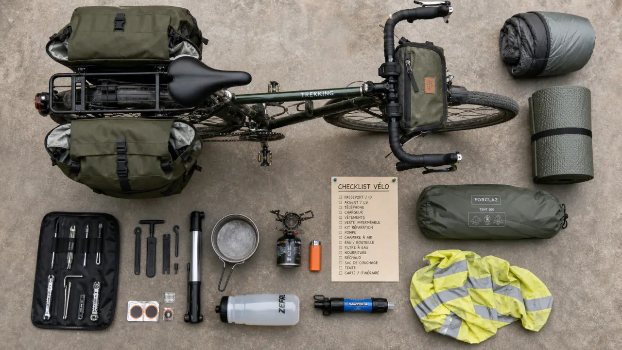 Accessoires cyclotourisme : trousse réparation, tente, sac de couchage