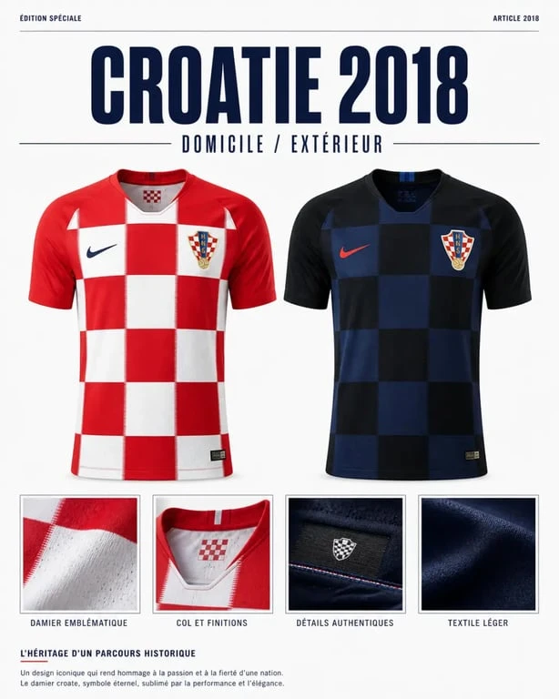Maillot Croatie 2018 domicile et extérieur avec détails du damier et des finitions