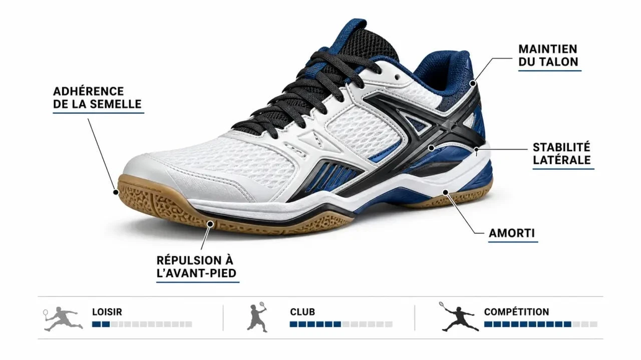 Chaussures de badminton Yonex : schéma éditorial des critères clés pour choisir une paire adaptée au terrain indoor