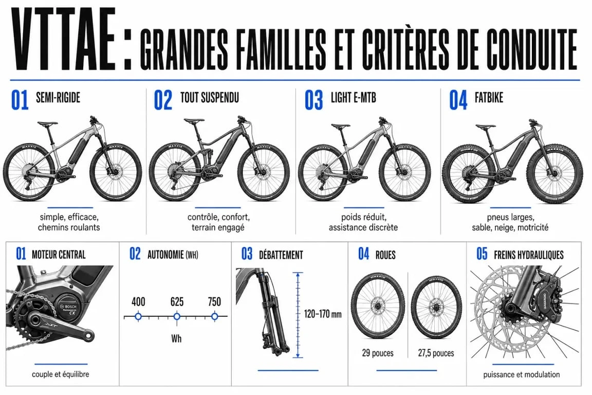 Vélo électrique tout terrain : infographie comparative des types de VTTAE et des critères de choix