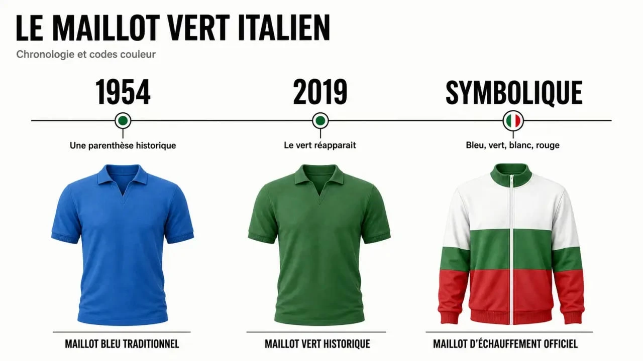 Maillot vert Italie : frise historique et comparaison avec le maillot bleu et le maillot d’échauffement