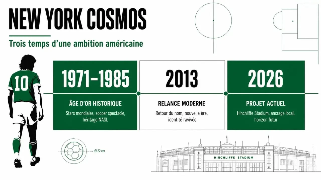 New York Cosmos : frise chronologique des trois incarnations du club, du club historique à la relance moderne et au projet actuel