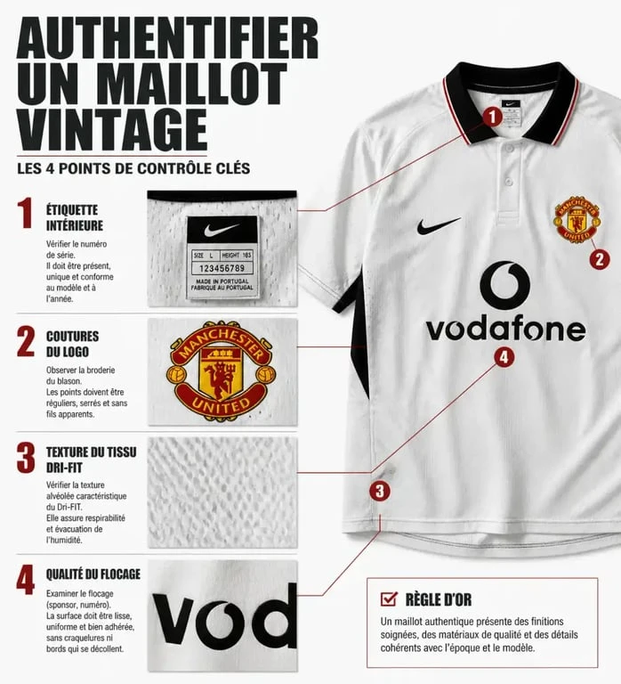 Infographie des points de contrôle pour authentifier un maillot PSG 2015 vintage