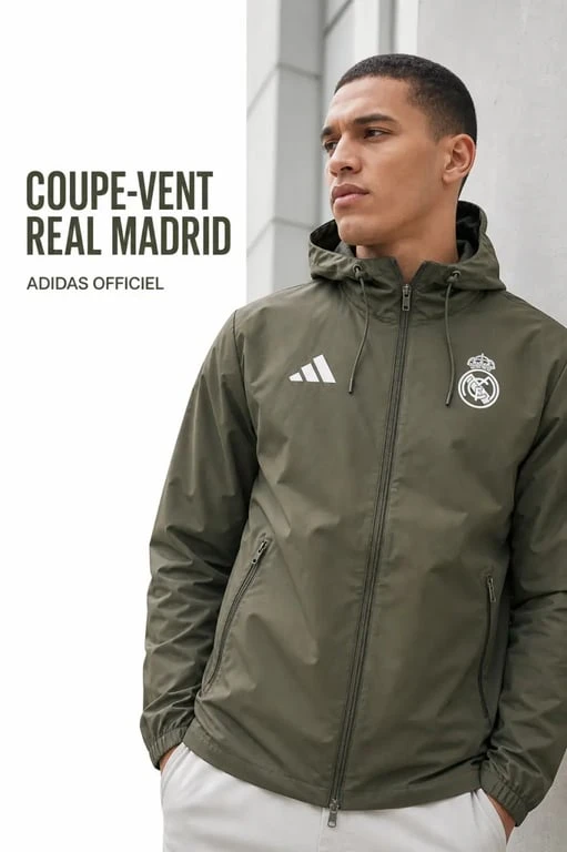 Coupe-vent Real Madrid kaki officiel Adidas en contexte urbain