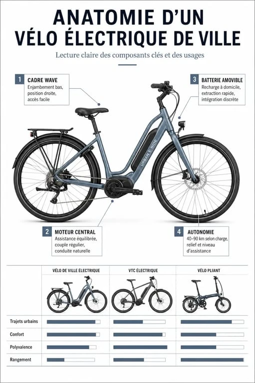 Comparatif des vélos électriques ville, du VTC électrique et du vélo pliant dans une composition éditoriale