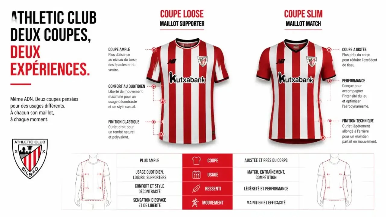 Comparaison des coupes de maillot Athletic Bilbao : version supporter vs version match