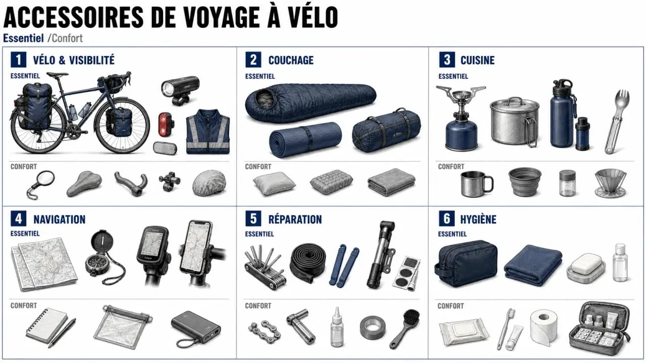Accessoires cyclotourisme classés par usage dans une mise en page éditoriale