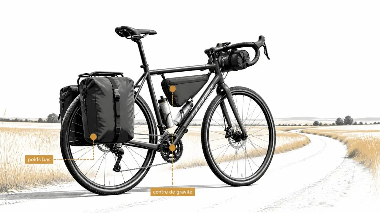 Accessoires cyclotourisme et répartition des bagages sur un vélo chargé