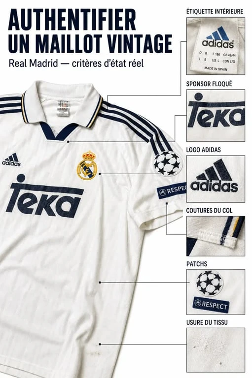 Détails d’authenticité du maillot real madrid 2015 avec étiquette, sponsor et logos