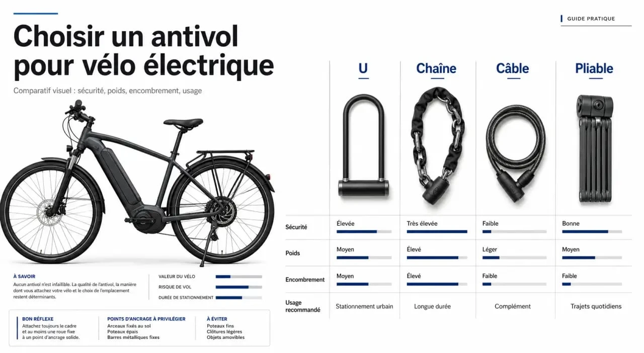 Comparatif antivol vélo électrique : U, chaîne, câble et pliable