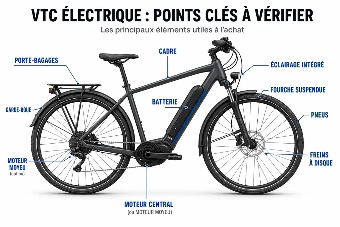 Schema du velo tout chemin electrique avec moteur batterie cadre pneus et equipements