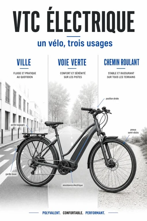 Velo tout chemin electrique en usage ville, voie verte et chemin roulant