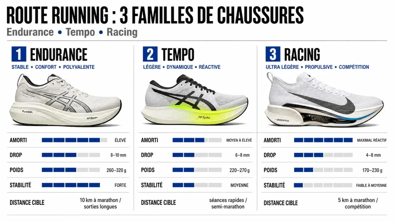 Chaussure running route : comparaison des modèles endurance, tempo et racing