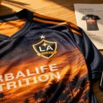 Maillot la galaxy extérieur 2025/2026, détails adidas sur table au coucher de soleil