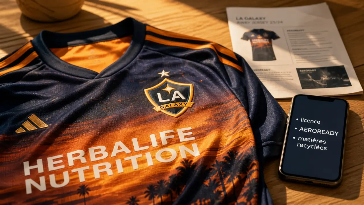 Maillot la galaxy extérieur 2025/2026, détails adidas sur table au coucher de soleil