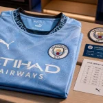 Maillot man city 2025 officiel, tissu et coupe, détails col et coutures.