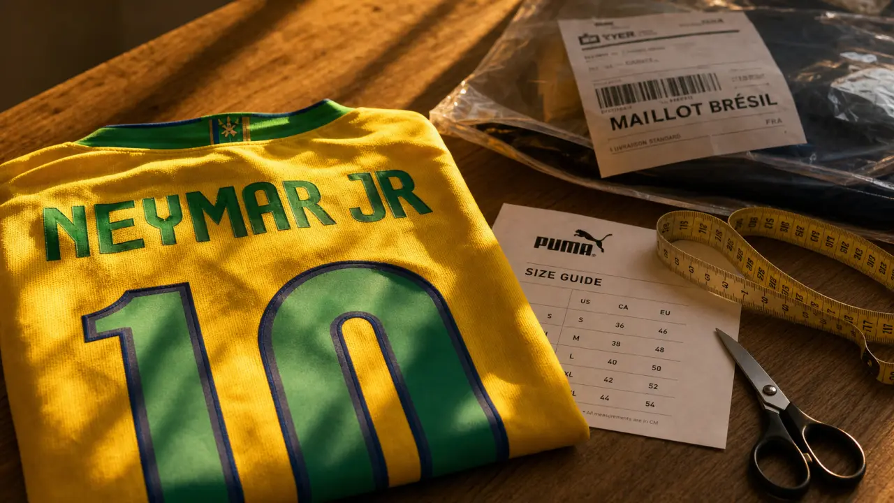 Maillot Neymar Brésil plié, flocage et guide des tailles PUMA sur table