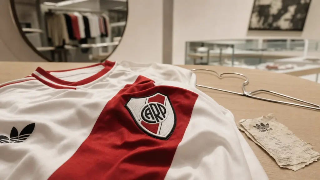 Maillot river plate avec bande diagonale rouge officielle, gros plan