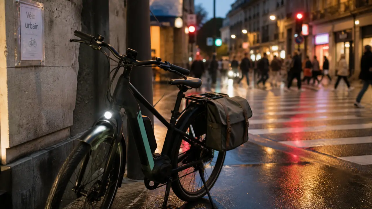 Vélos électriques ville : vélo urbain noir et vert menthe près d’un passage piéton