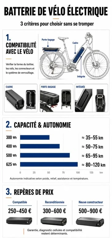Batterie vélo électrique : compatibilité, autonomie et prix en infographie
