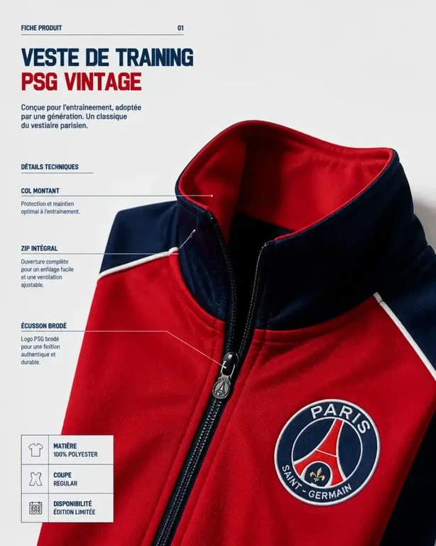 Veste training PSG 2015 vintage Nike posée à plat avec broderie du logo visible