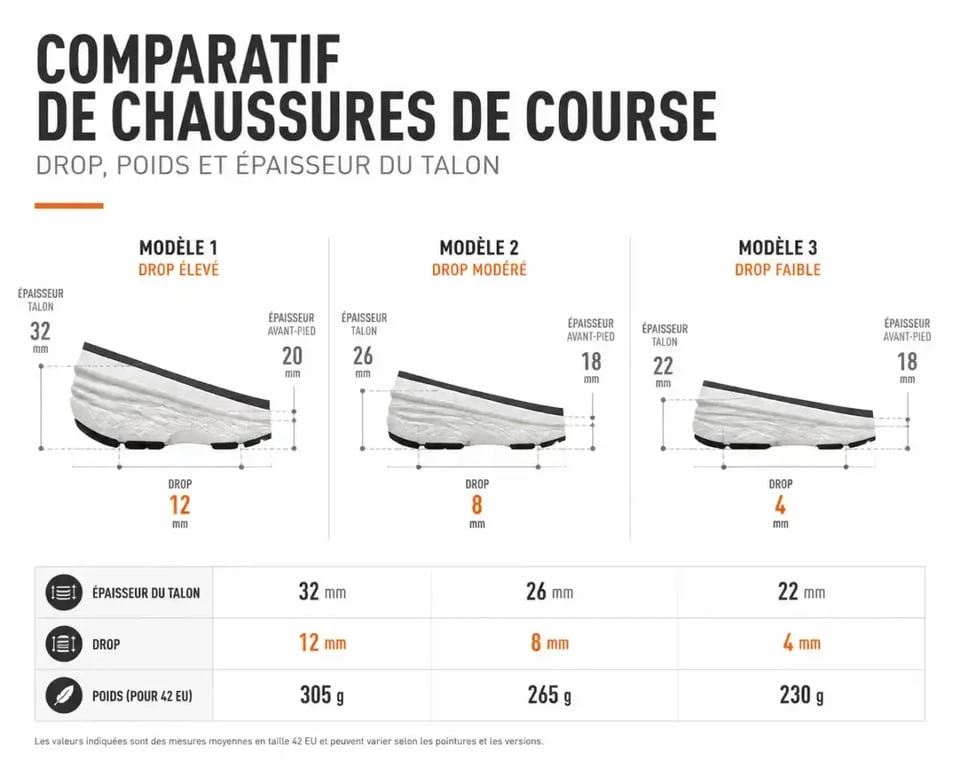 Comparatif drop, poids et épaisseur du talon d'une chaussure course minimaliste