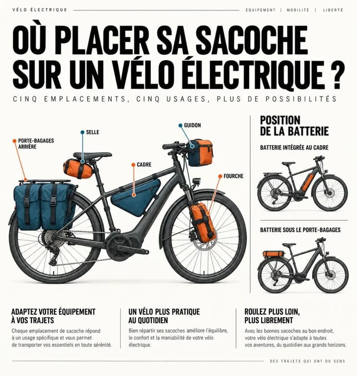 Infographie des emplacements d’une sacoche vélo électrique et de la compatibilité avec la batterie