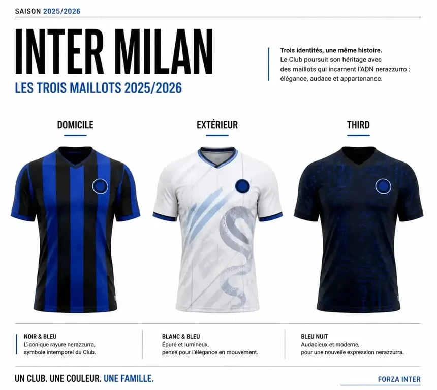 Comparaison visuelle des maillots Inter Milan 2025 domicile extérieur et third