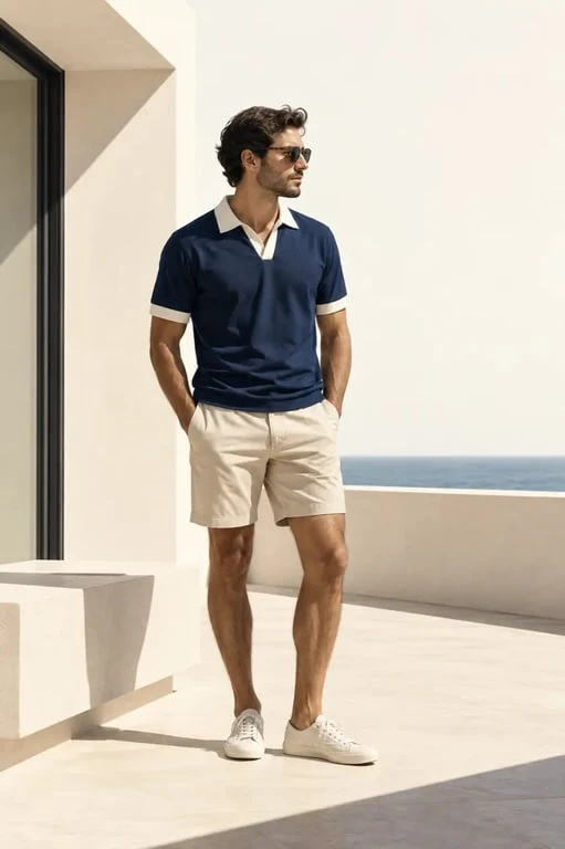 Maillot de foot stylé pour l'été porté avec un short beige en terrasse