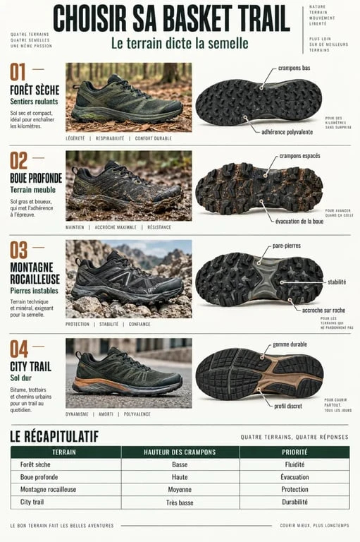Infographie pour choisir une basket trail homme selon le terrain et les crampons