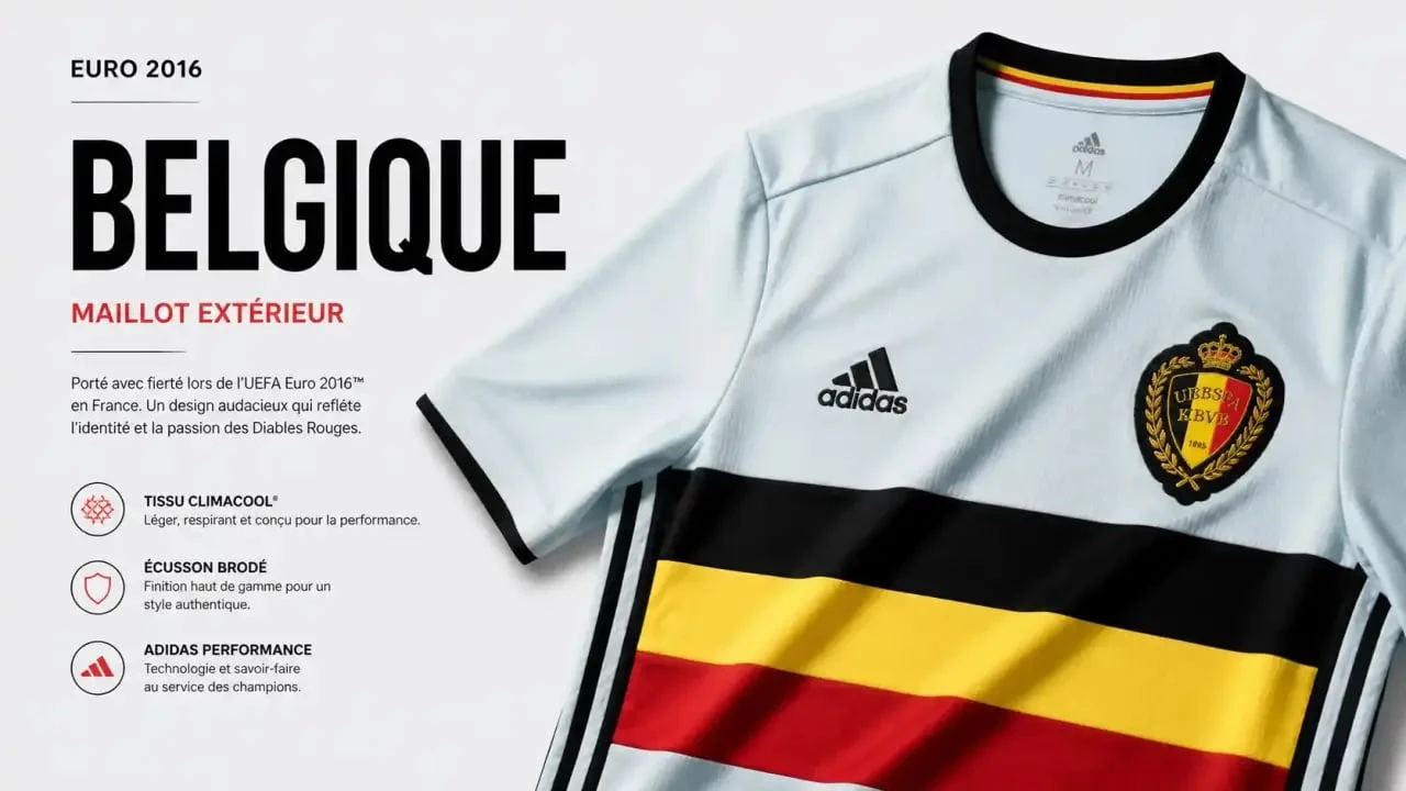Maillot extérieur Belgique Euro 2016 authentique, détails du logo et du tissu