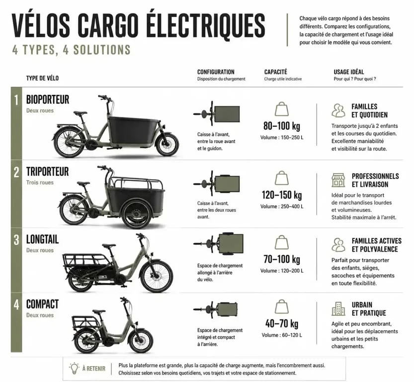 Comparatif visuel des différents types de vélos cargo électriques : biporteur, triporteur, longtail et compact