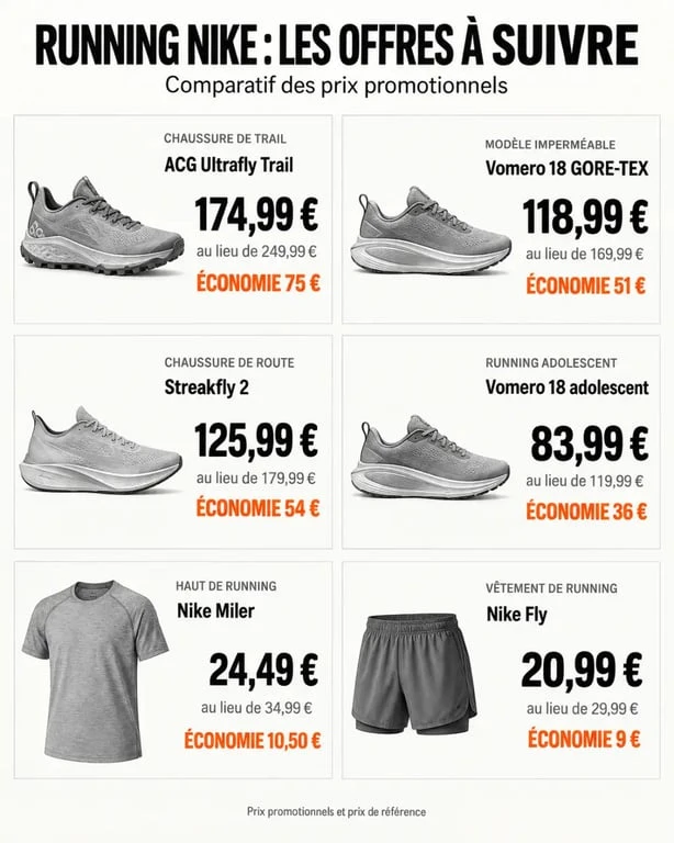 Infographie des offres de running Nike pas cher avec prix et réductions des chaussures et vêtements