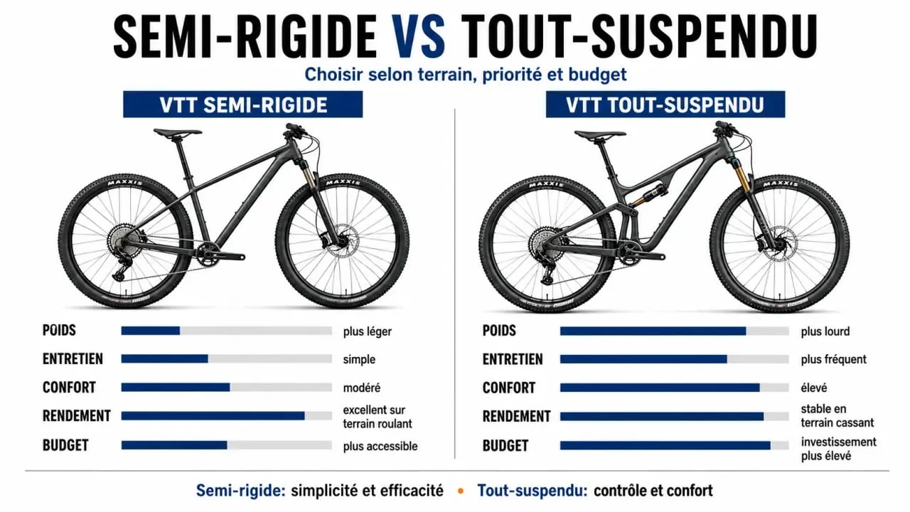 Comparatif vtt semi rigide et tout-suspendu sur le poids, l’entretien et le budget