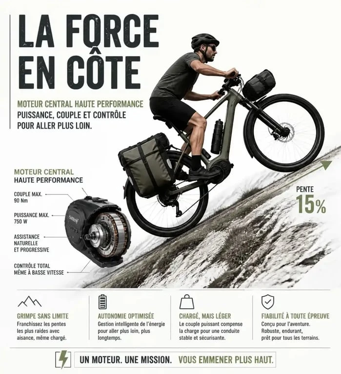 Vélo électrique avec couple de 80 Nm en montée avec chargement