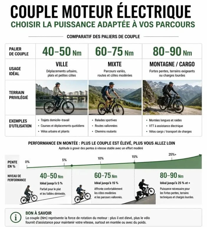 Comparatif des niveaux de couple pour vélo électrique 80 Nm et autres motorisations
