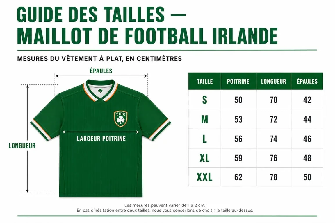 Guide des tailles maillot irlande foot avec mesures et coupes