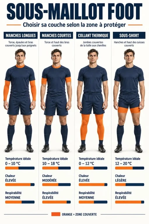 Infographie comparative des différents sous-maillots foot, manches longues, manches courtes, collant et sous-short
