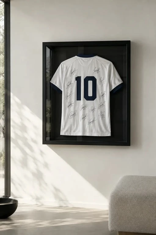Cadre maillot de foot dédicacé accroché au mur d'un salon
